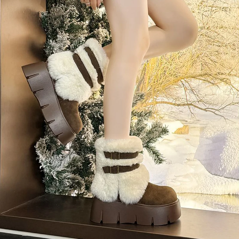إمرأة الشتاء أحذية الثلوج في الهواء الطلق الفاخرة فروي أفخم فراء الأحذية موضة حزام السحابة الجلد المدبوغ أحذية منصة الأحذية النسائية مبطن