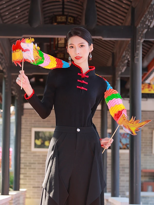 

Yang Li, оригинальный дизайн, длинный свек, воротник-стойка, традиционный китайский топ, женская модная зимняя одежда