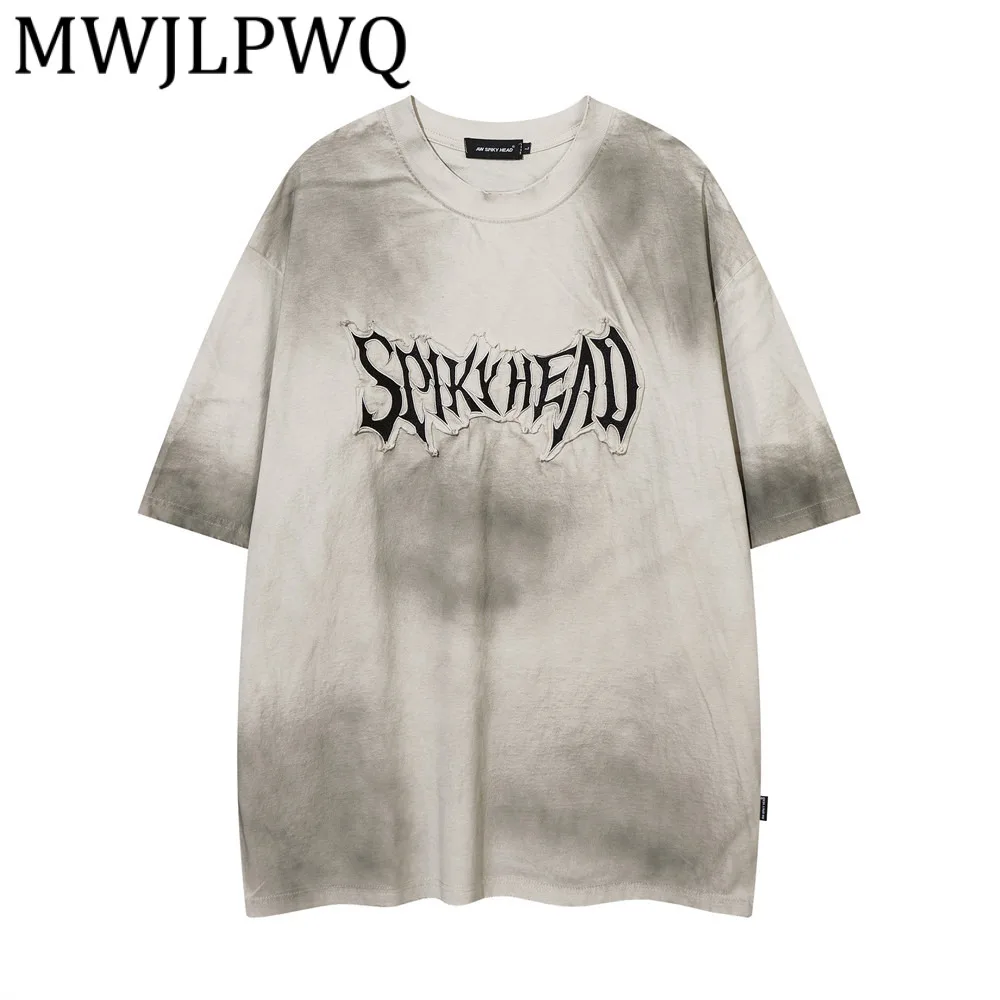 

MWJLPWQ Tie-Dye Color-Block Short T-Shirt For Men Summer Casual Streetwear Letter Patch Embroidery Vintage Round Neck Tops 21876