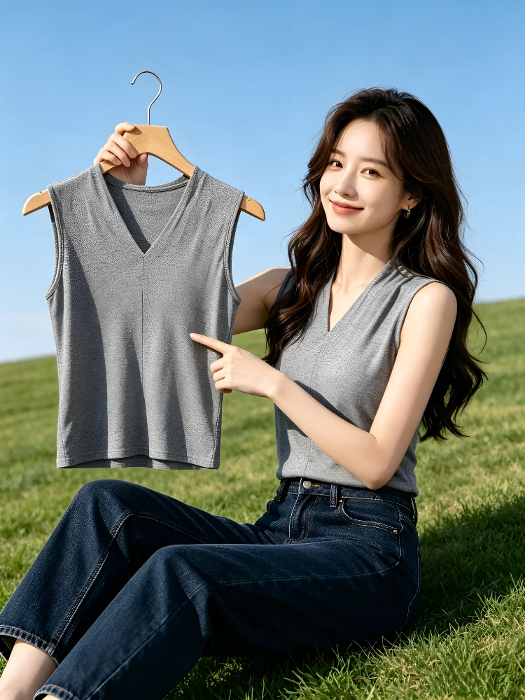 

Women's V-Neck Sleeveless Vest 95% Cotton Tank Top plus Size Inner Wear Slim Fit Outerwear Base Layer Clothing Summer New Arr...