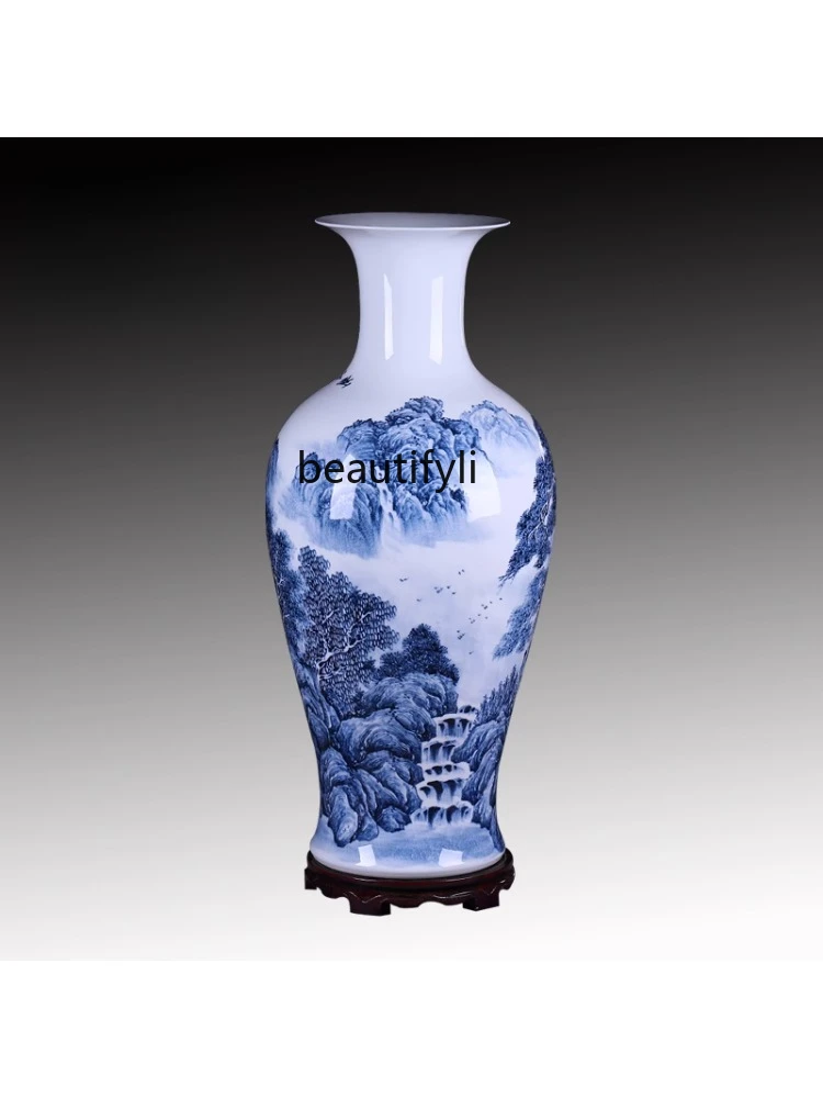 Jingdezhen Ceramic Floor Vase Hand-Painted Large Blue and Whitelandscape Chinese Living Room All-Matching Decoration