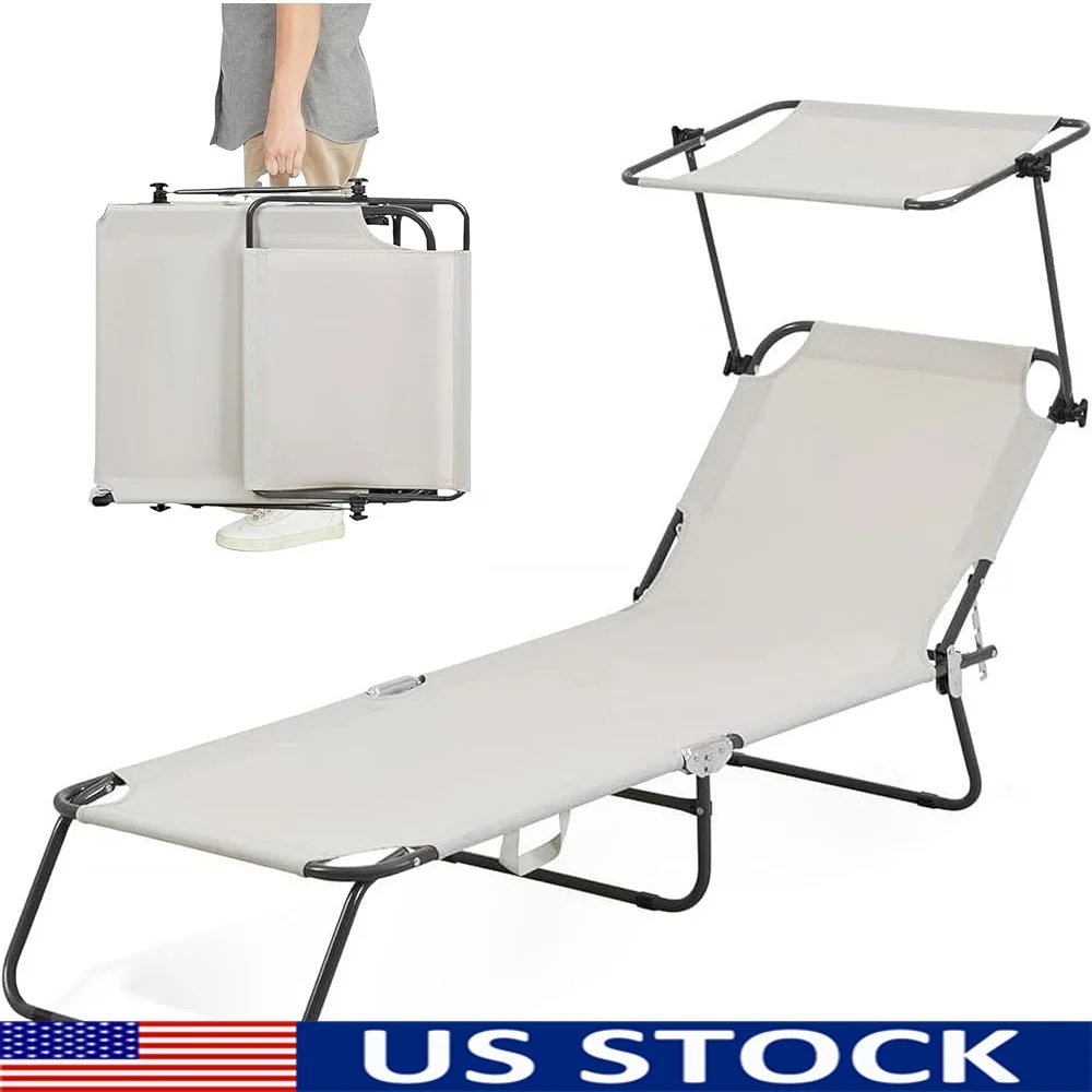 

Folding Outdoor Lounge Chair Portable Adjustable Canopy Beach Chair 5 Positions Heavy Duty Fabric 265 lbs Support Travel Ready