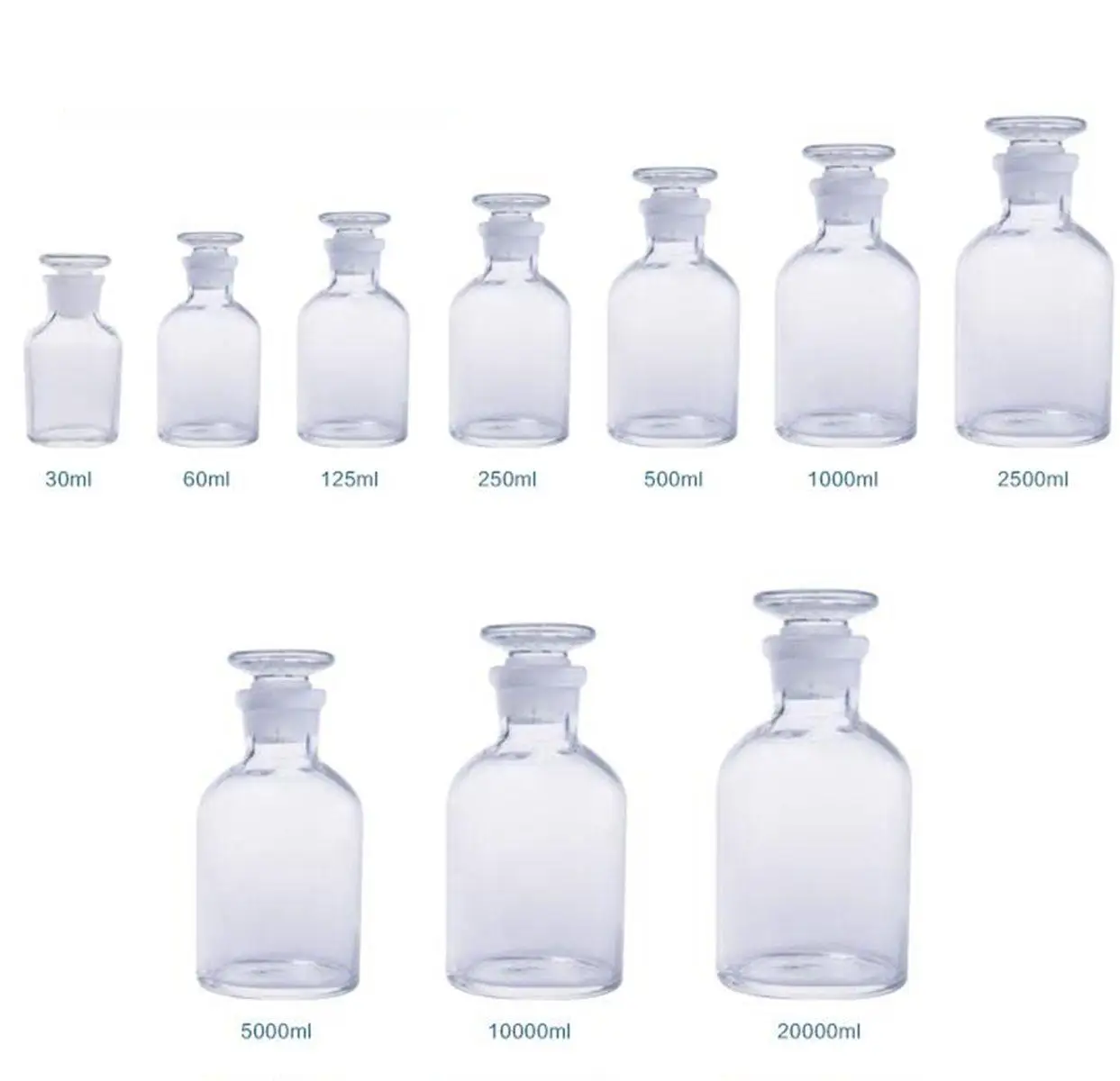 30ml/60ml/125ml/500ml/1000ml/2500ml Glass Reagent Bottle Ground-in Glass Stopper Narrow Mouth Transparent