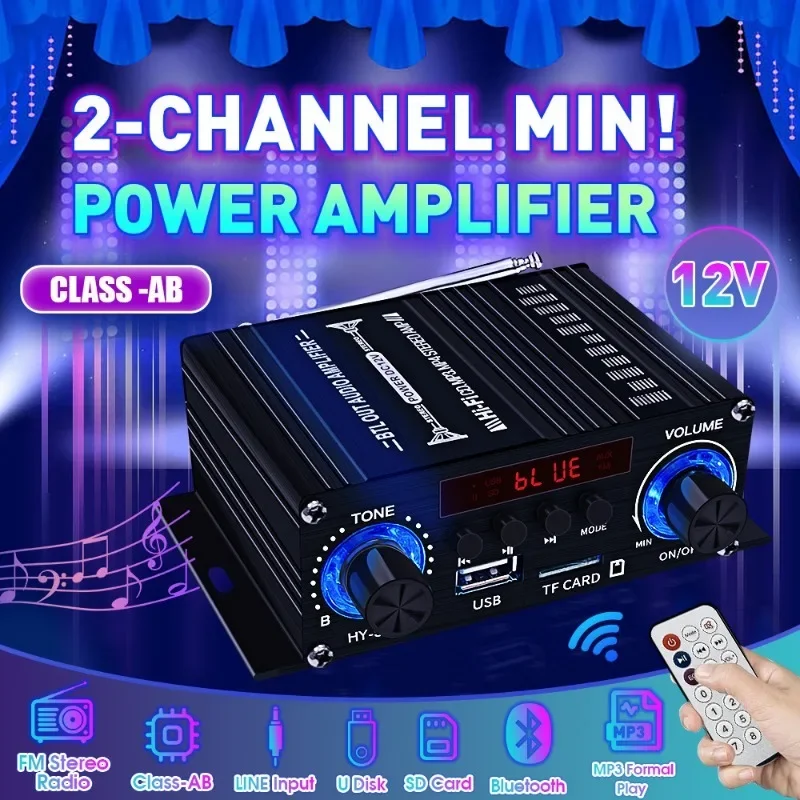 

2024 New Digital Bluetooth Amplifier 12V Home Car 2 Channel HIFI Sound Speaker FM Rrceiver Mini Audio Amplificador Class-AB AMP