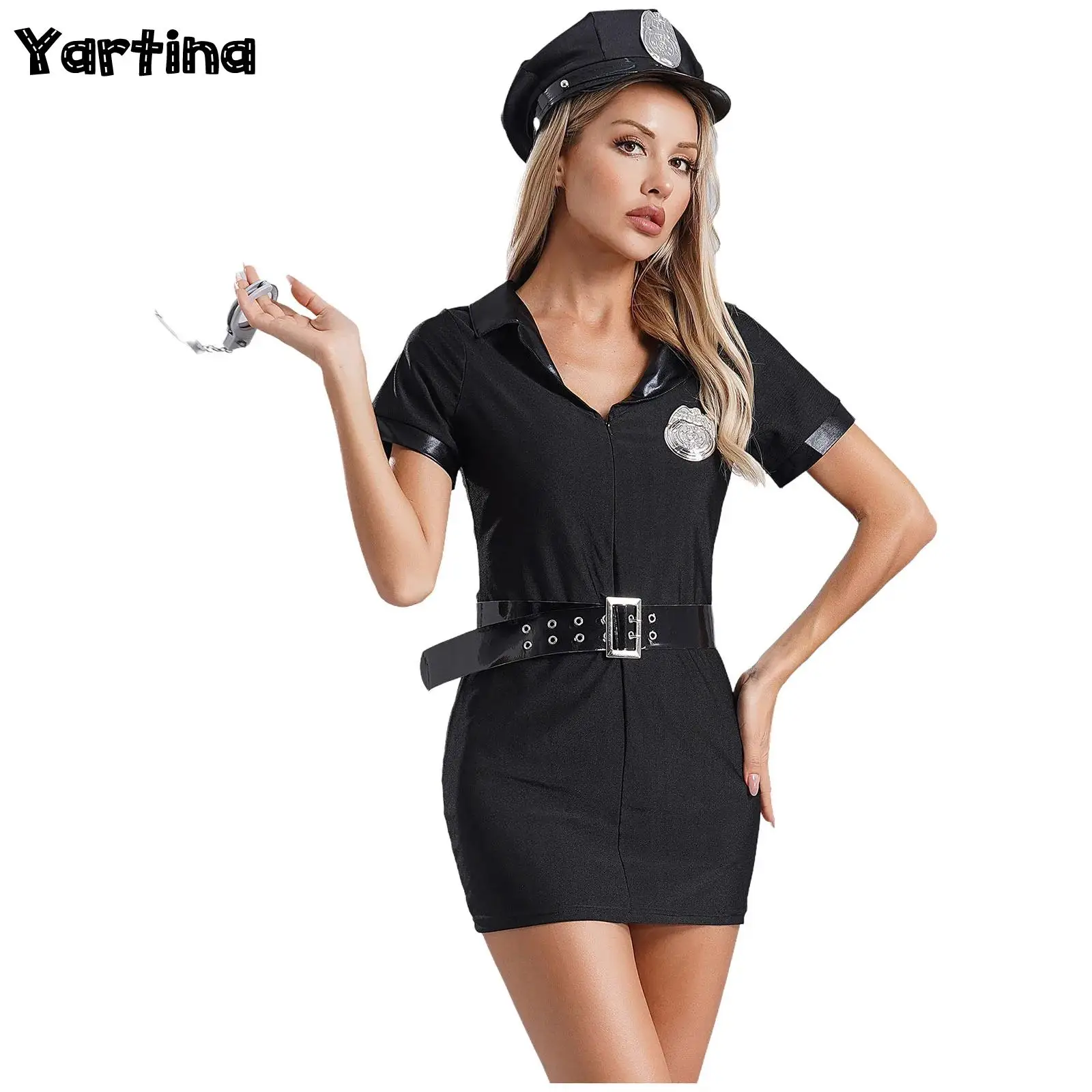 Womens Police Uniform Cop Officer Halloween Costume Set V Neck Short Sleeve Mini Dress with Hat Belt Badge Shackles Accessories