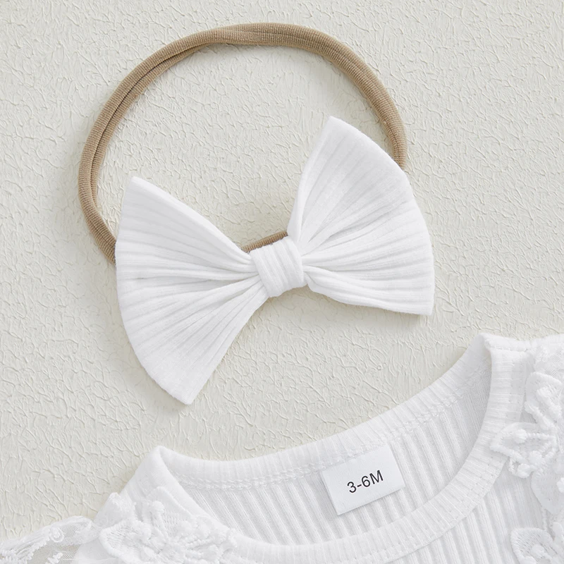 Peuter Baby Meisje 2-delige Outfit Met Lange Mouwen Kanten Patchwork Geribbelde Jurk Met Strik Hoofdband Voor De Lente Herfst