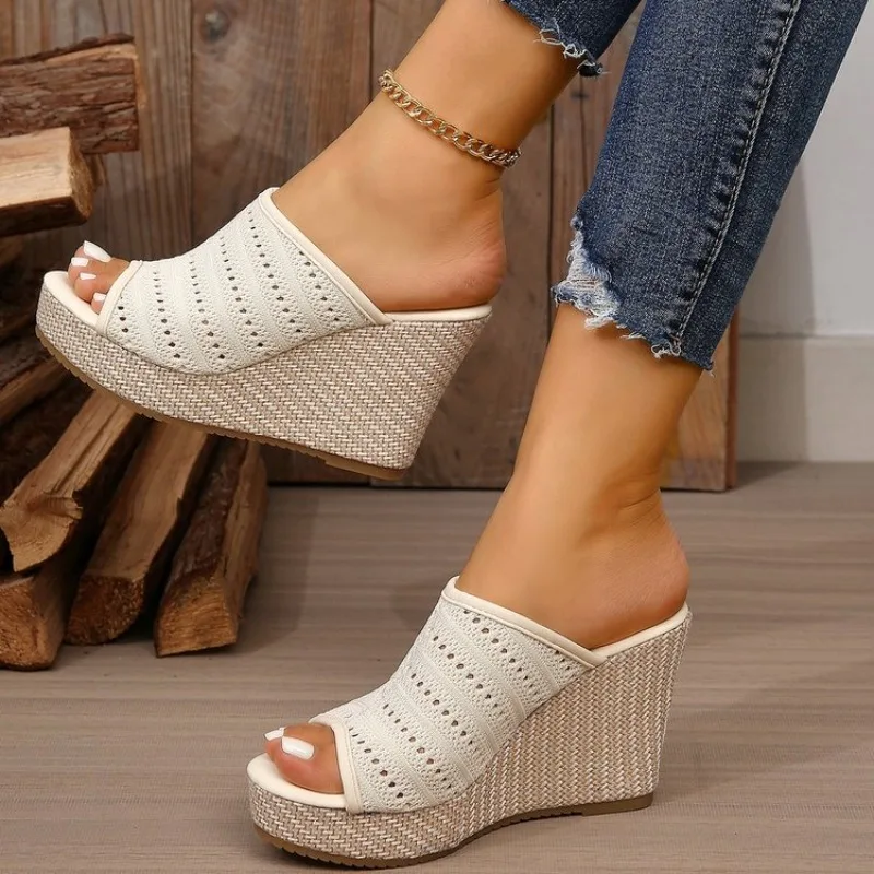 Womens Wedge Sandals Open Toe High Heel Platform Mules Knitted Look Slip on Backless Woven Texture Casual Summer Walking Shoes view 2