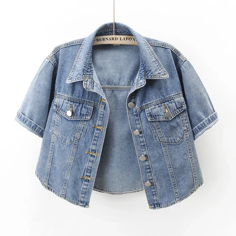 

Vintage Blue Denim Jacket Women Spring Summer Thin Slim Short Cowboy Outerwear Korean Pocket Short Sleeve Jeans Jacket Female