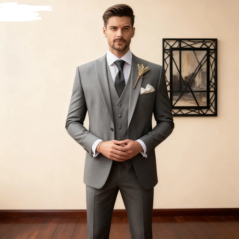 

Italian Men's 3-Piece Tuxedo Navy Blue Jacket Slim Fit Wedding Groomsmen Suit with White Vest And Lapel Cufflinks