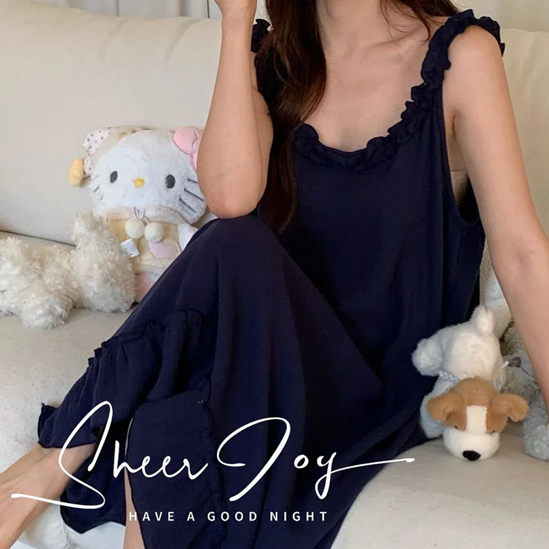 Sleeping Nightgowns for Women Korean Pure Cotton with Double Layered Yarn Small Orchid Suspender Loose Fitting Home Night Dress