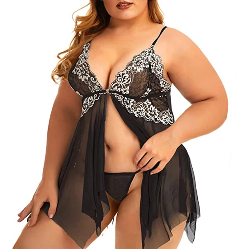 Plus Size Lingerie for Women Sleepwear Set Lace Babydoll Chemise V Neck Nightgown Sexy  Nightdress Maternity Negligee S-5XL