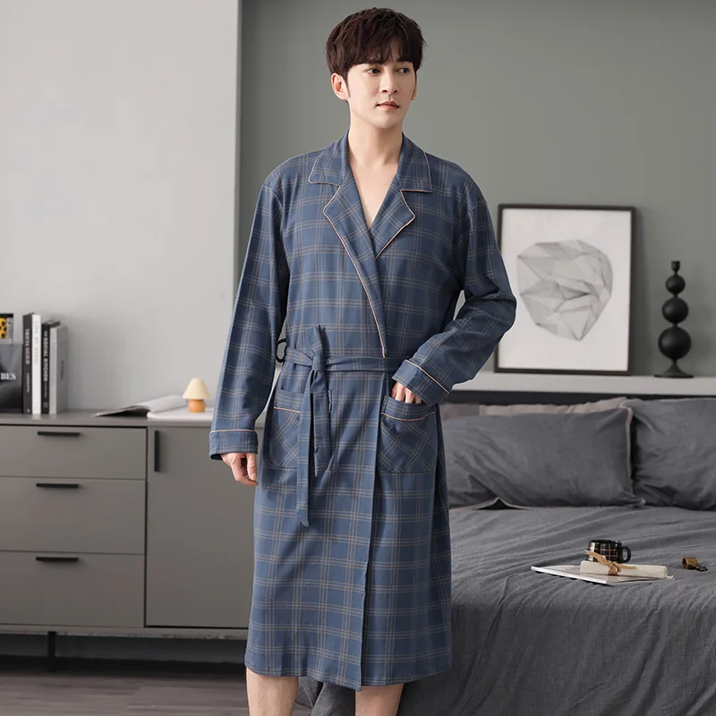 Dressing Gowns Men Autumn Winter Bathrobe 100% Cotton Kimono Robes For Male Plaid Nightwear M-4XL Long Housecoat Belted Comfy