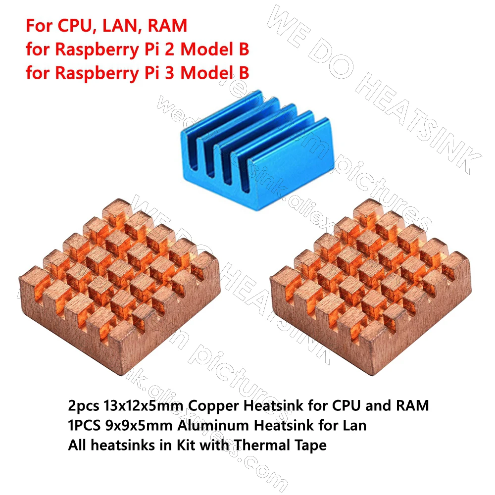 3pcs Copper and Aluminum Heatsink Set Cooling Cooler Kit Radiator With Thermal Tape Assembly For Raspberry Pi 2 / 3 Model B