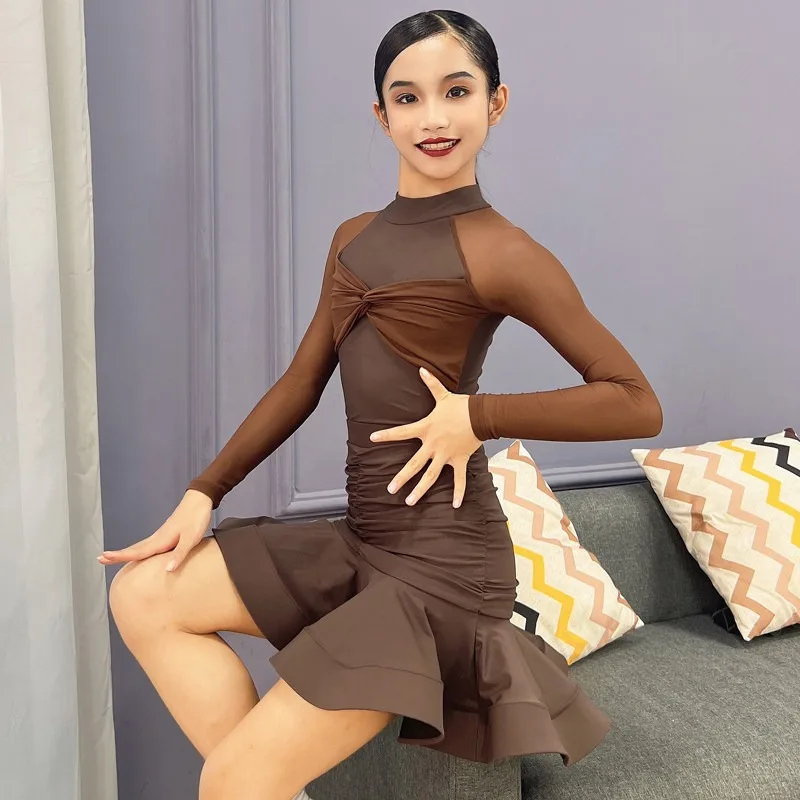 

Girls Long Sleeve Latin Dance Dress, Kids Professional Standard Training Performance Outfit, Mesh Skirt Autumn Winter Dancewear