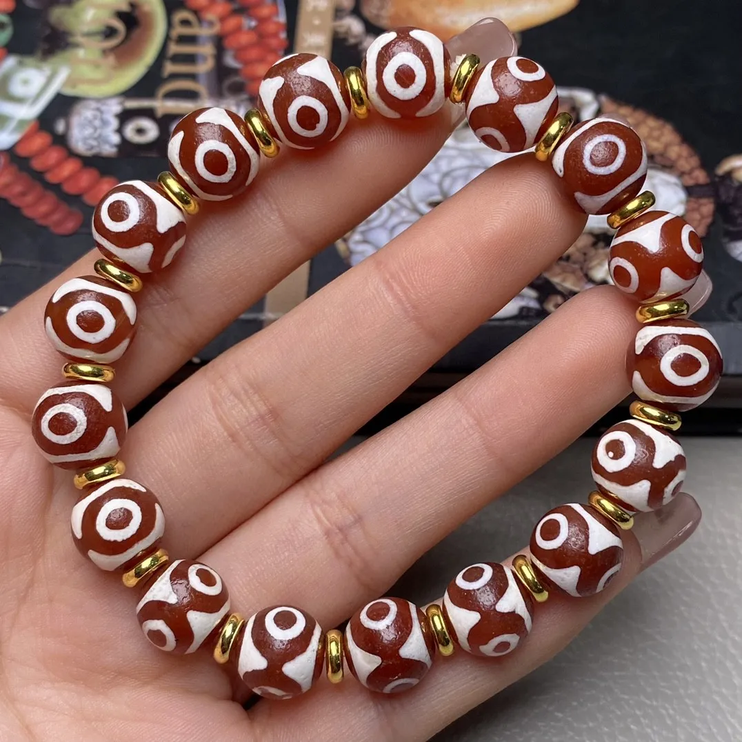 Tibetan Weathered Old Agate Red Meat Three Eyed Round Sky Bead Buddha Bead Necklace Bracelet Strand Scattered Beads 10mm Women's