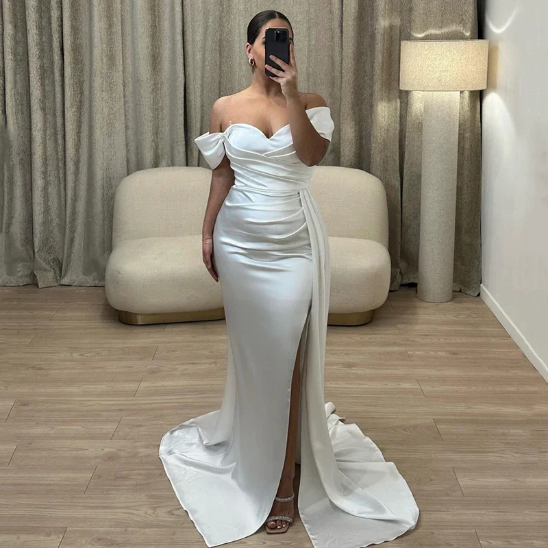 White Mermaid Prom Dresses Sexy High Split Puffy Short Sleeve Evening Dress Saudi Arabia Cocktail Party Gowns Red Carpet Corset