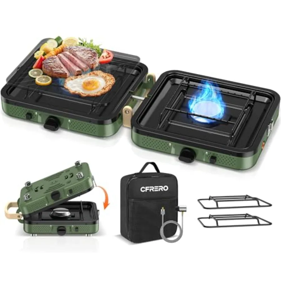 

2-Burner Foldable Propane Camping Stove with Carry Bag for Outdoor Cooking Tailgating Backyard Gathering Adjustable Burners Pie
