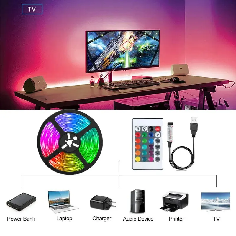 3M/9.84Ft USB 5V Led Lights APP and 24Keys Remote Control RGB Flexible Tape Diode Lights for TV Background Luces Led