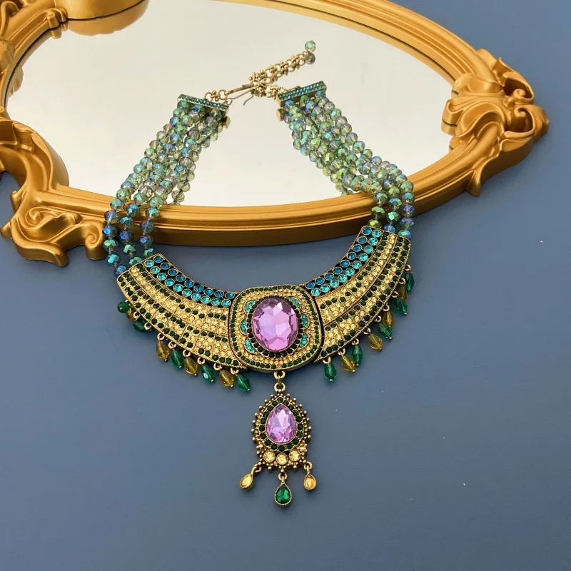 Vintage Multilayer Glass Beads Necklace Purple Crystal Light Luxury Necklaces Retro Women's Clothes Accessories For Party Gift