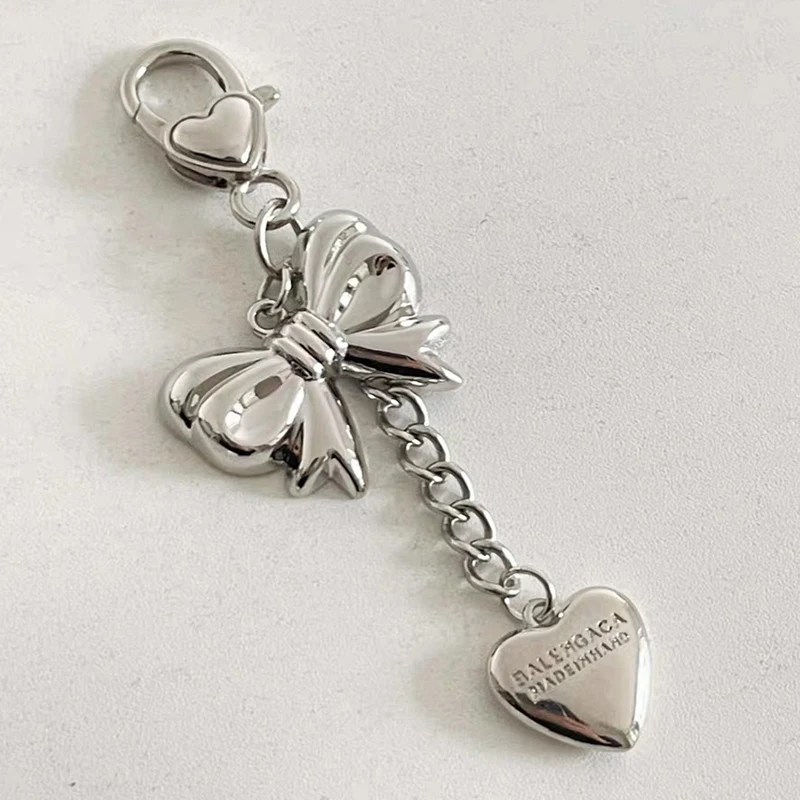 Y2K Silver Color Heart Bow Keychain Vintage Metal Bowknot Keyring Fashion Bag Pendant Backpack Hanging Accessories