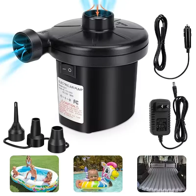 Mini Inflatable Pump Electric Air Pump with 3 Nozzles Portable Rapid Filling Mattress Swimming Pool Air Filling Blower Injector