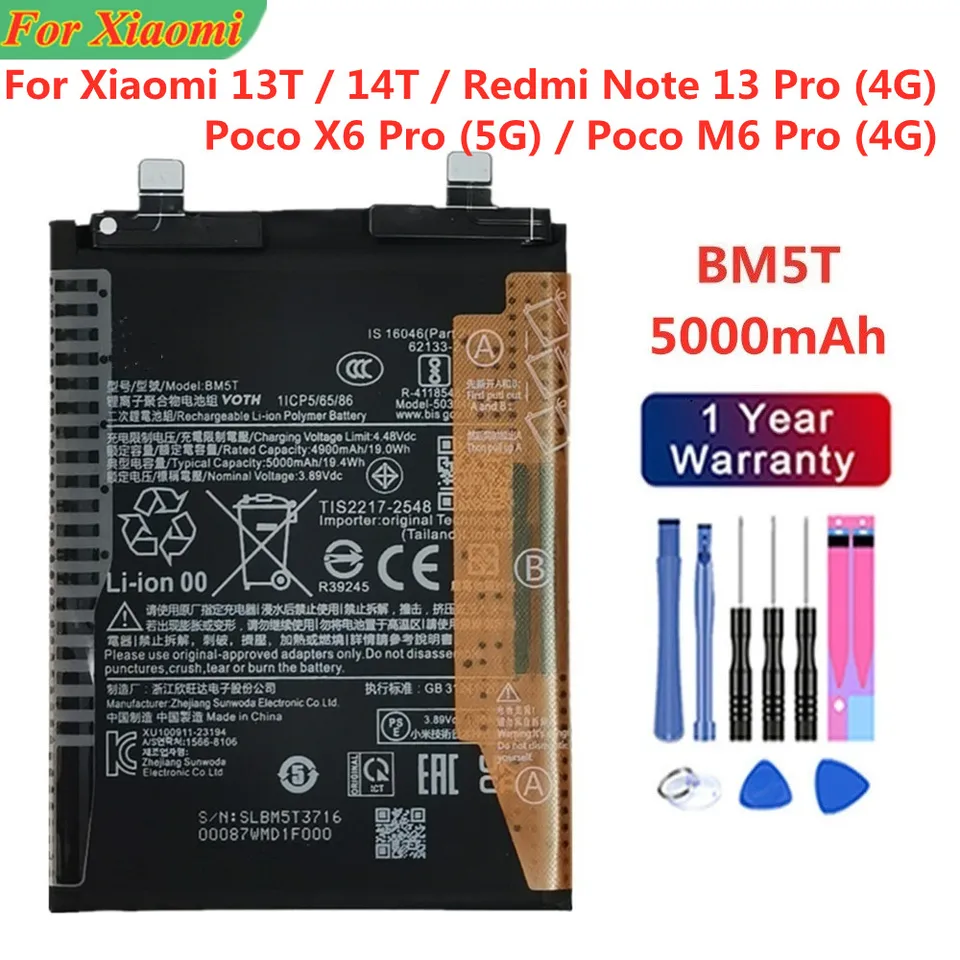 Batteria BM5T Per Xiaomi 13T, Note 13 Pro 4G, Poco X6 Pro 5G – Capacità 4900mAh