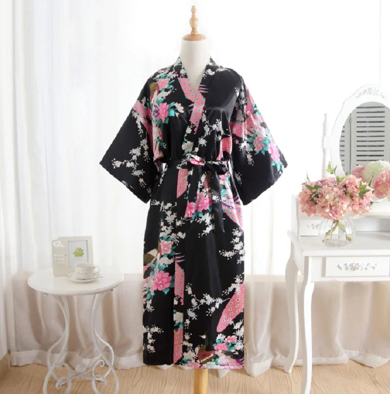 Hot Sale New Women Japanese Kimono Robe High Quality Silk Satin Long Nightgown Fashion Printing Loose Comfortable Ladies Pajamas