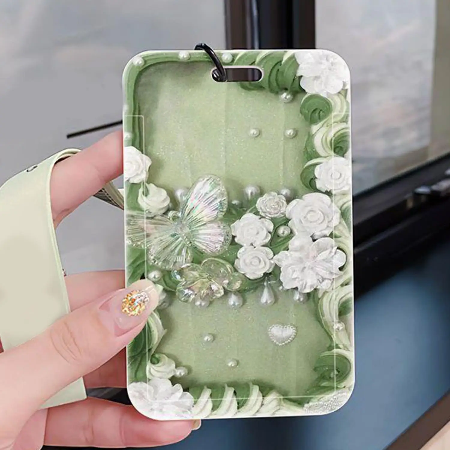 

Fairyism Fashionable Green Butterfly Flower Card Holder Card Cover Case With Key Chain Romantic Prevent Loss Holders
