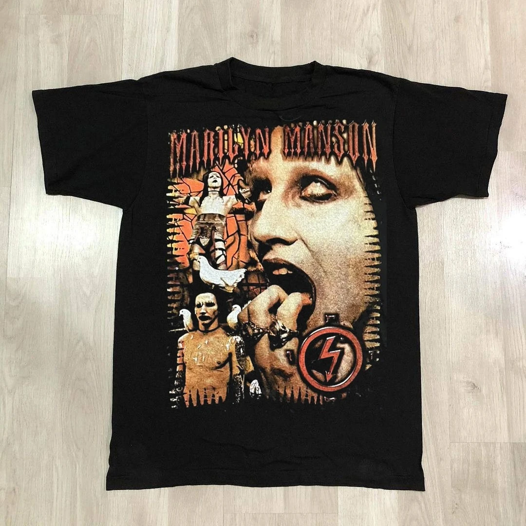 Marilyn Manson Vintage European and American High Street Retro Fashion Sense Hip Hop Short Sleeve Men's Heavy Cotton T-shirt