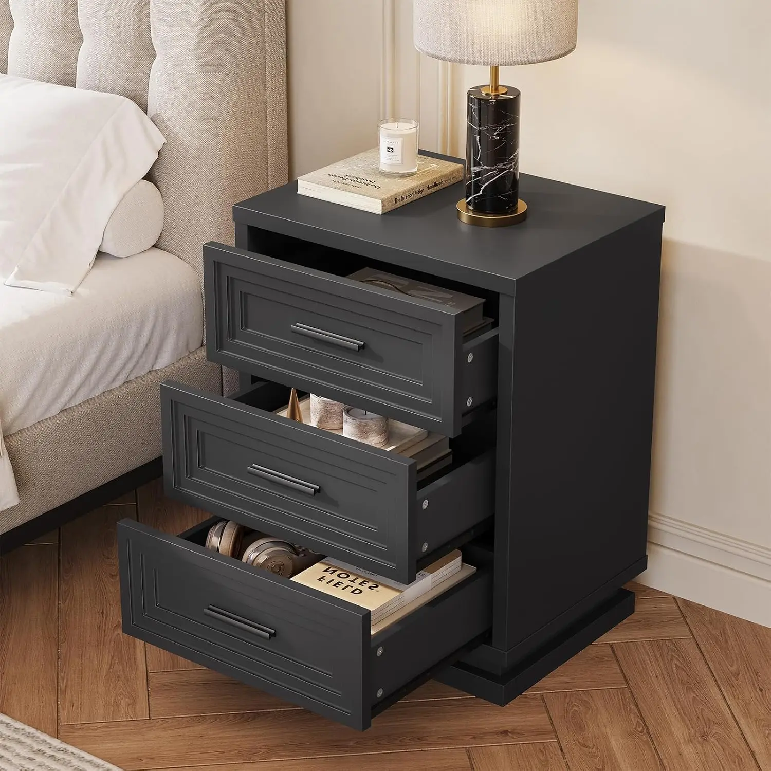 Modern Black Nightstand with 3 Drawers Wood Bedside End Table Vintage Furniture with Metal luxury Handles Bedroom Use Custom