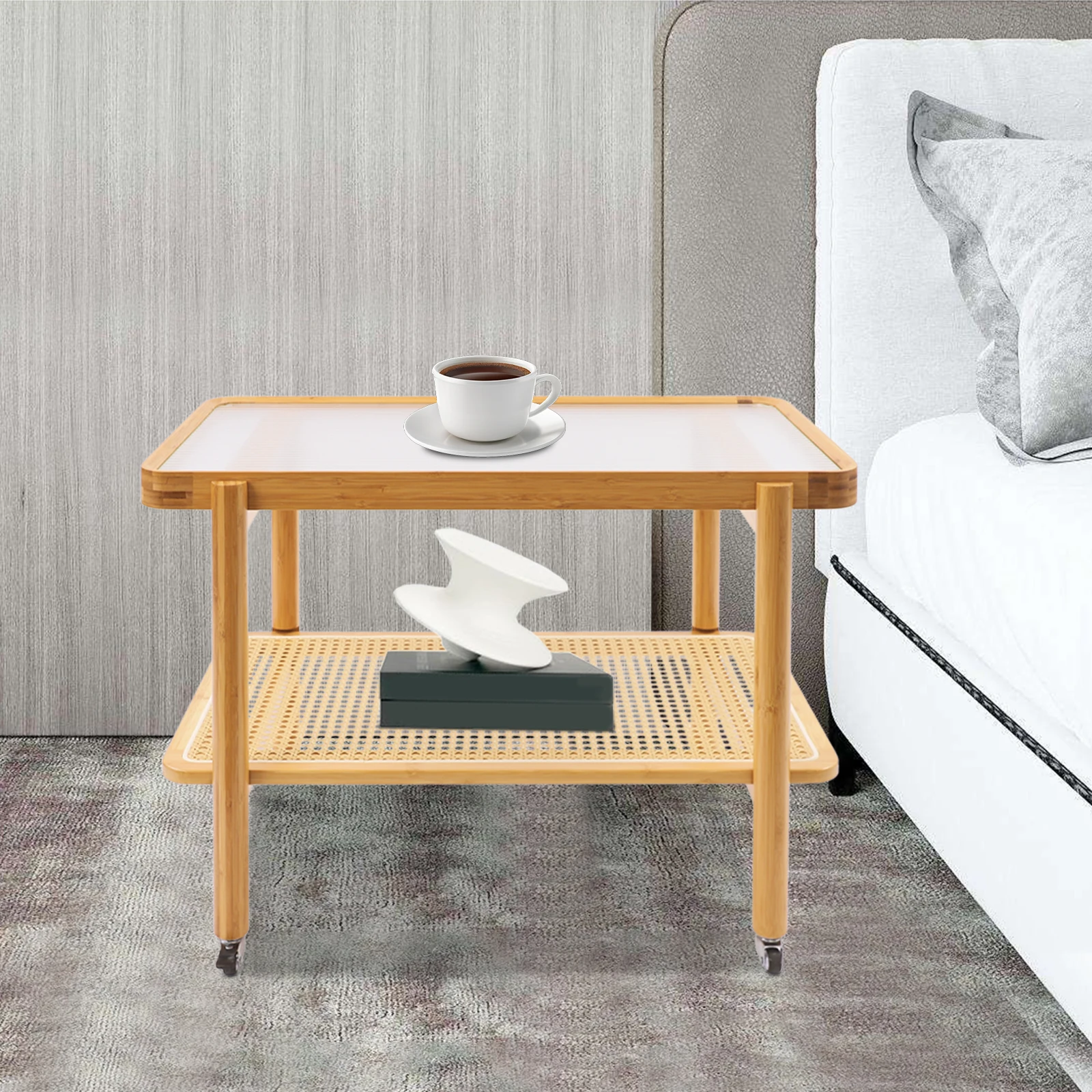 Mobile 2-Tier Bamboo Coffee Table with Wheels, Tempered Glass Top Rattan Shelf for Living Room Home