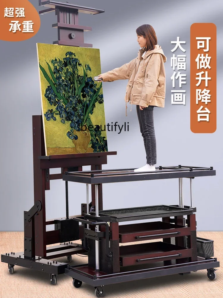 new Electric remote control advanced flat large oil painting stand hand crank floor solid wood floor easel