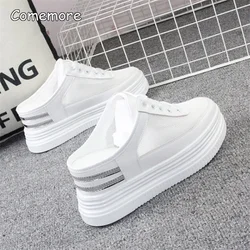 Comemore Women's Summer Sneakers Slippers Hollow Breathable Thick Bottom Half Slippers Platform Wedge Heel Shoes Slides Women 39