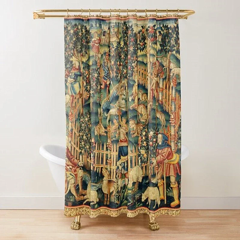 Medieval Deer Hunting Scene Shower Curtain Ladies and Dogs Antique Shower Curtain Animals Retro Vintage Bathroom Curtains Set