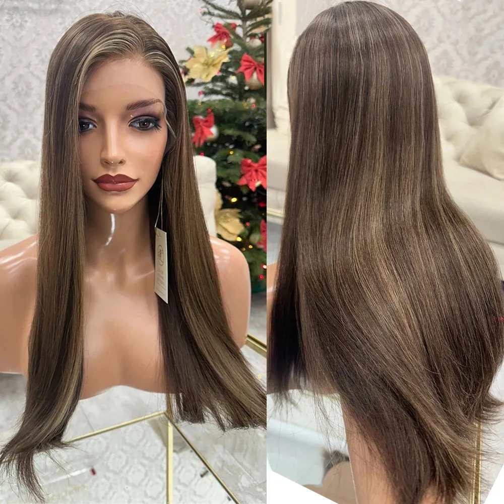 

Bone Straight Lace Front Wig Darkest brown Blonde Streaks Synthetic Fibres Heat Resistant Lace Natural Hair Daily Use Cosplay