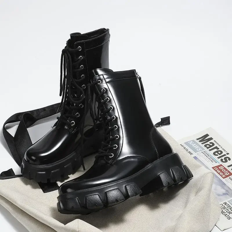 

Black Patent Leather Motorcycle Boots For Women Narrow Band Lace-Up Back Zipper Botas Mujer 2025 Tendencia Thick Sole High Heels