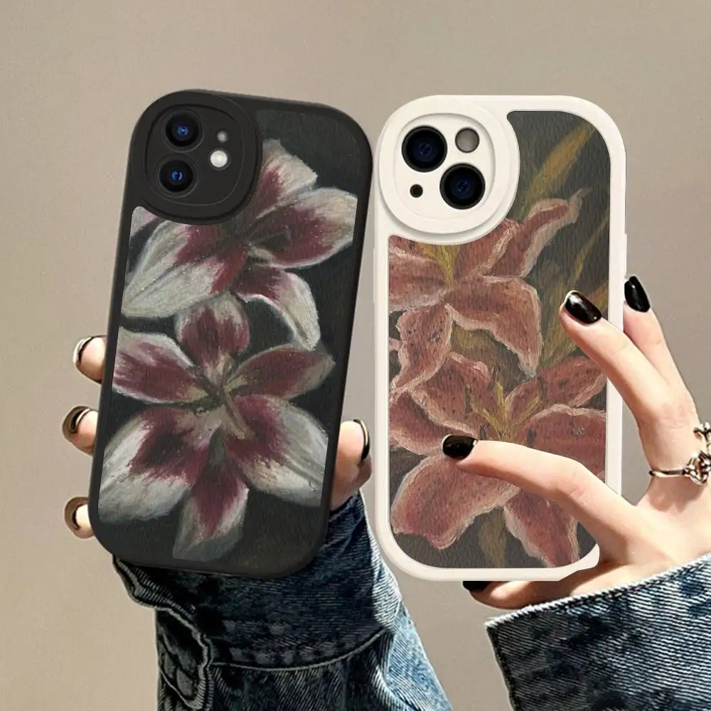 

Oil Painting Lily Flower Pattern Phone Cover For IPhone 11 12 13 14 15 16 Pro Max Mini Plus Soft Leather Case