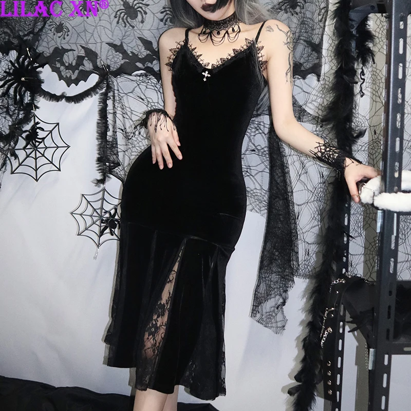 

Y2K Elegant Black Velvet Party Dresses for Women Sexy Gothic Cross Lace Straps Maxi Robe Long Dresses Summer Bodycon Dresses