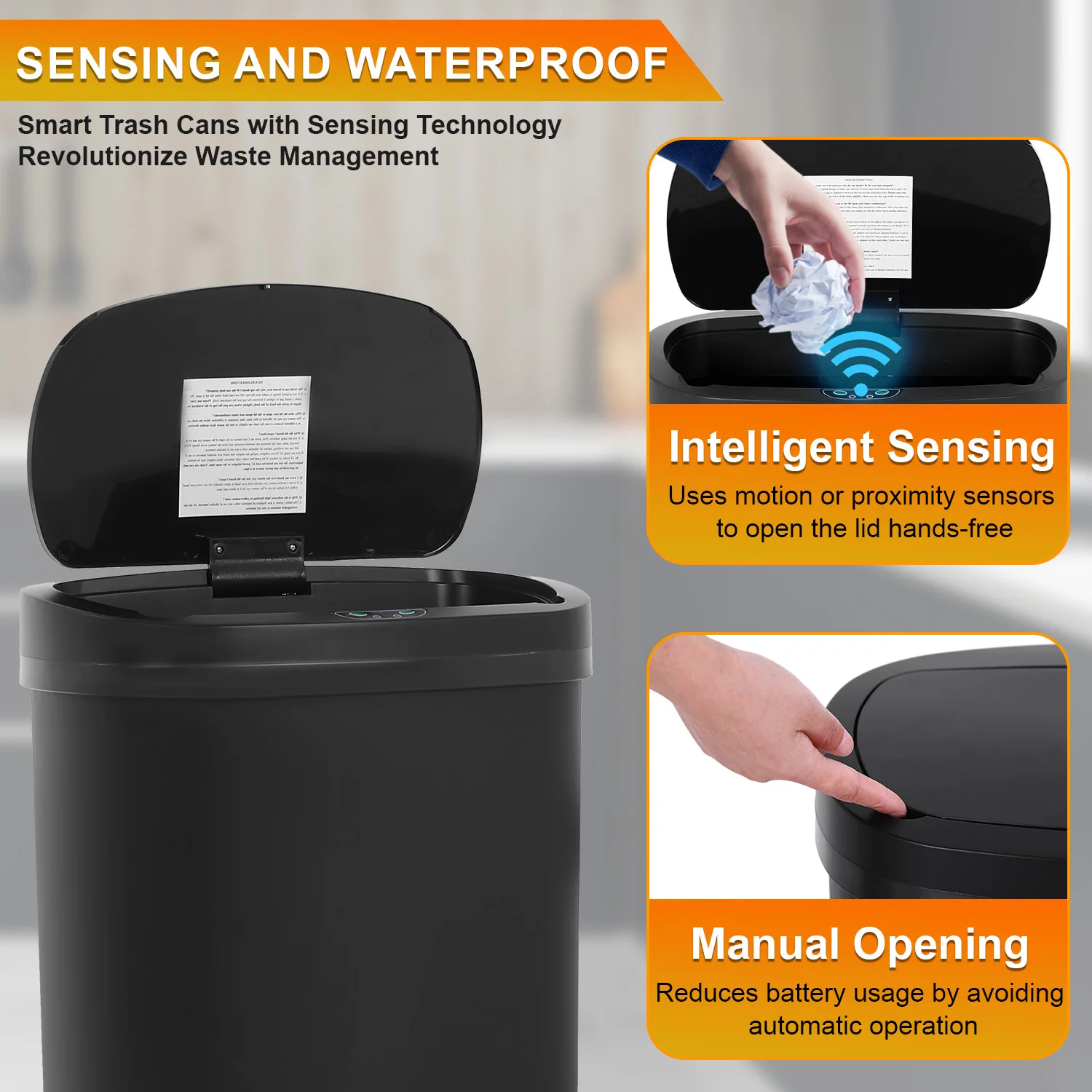 سلة مهملات أوتوماتيكية سعة 13 جالونًا، صندوق مستشعر حركة بلاستيكي مستطيل مع غطاء إغلاق هادئ للمطبخ وغرفة النوم والحمام والمكتب
