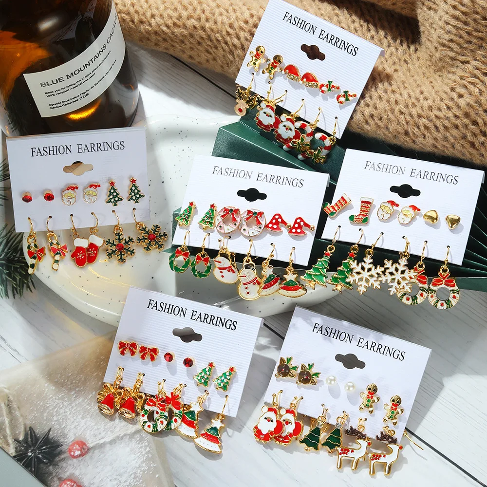 

KADRUFI 6Pairs Christmas Enamel Snowflake Bell Elk Santa Claus Earrings Set Women Kids Christmas Tree Decoration Earring Jewelry