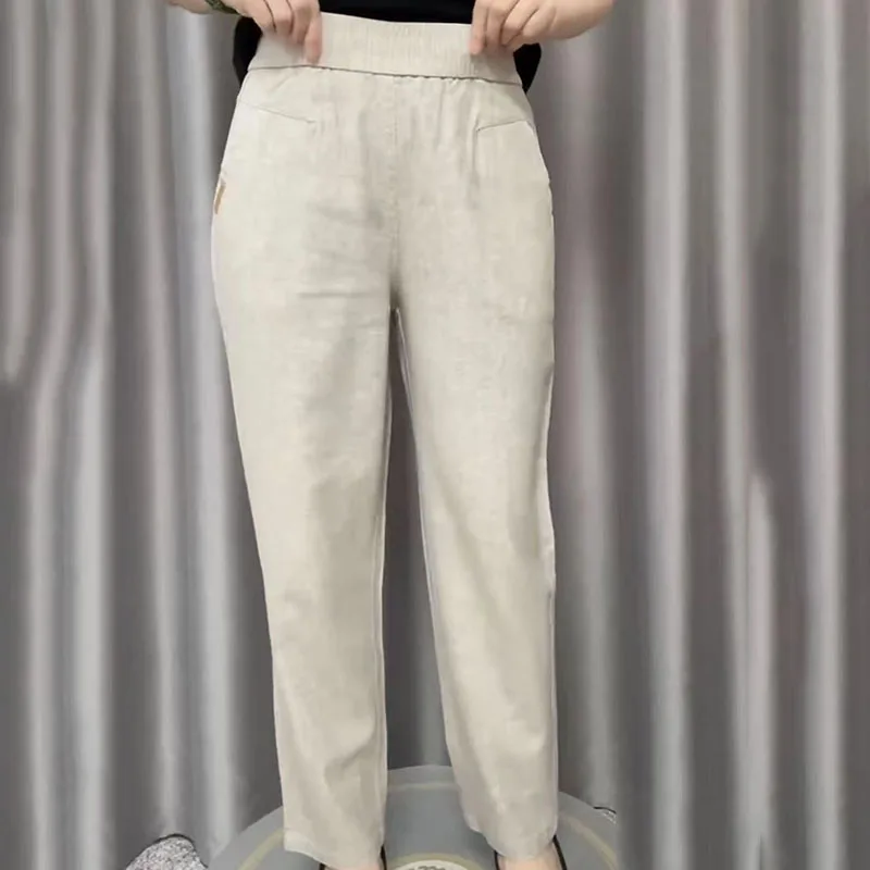 กางเกงผ้าฝ้ายและผ้าลินินน้ําแข็งฤดูร้อนบางอเนกประสงค์ลําลองหลวมอินเทรนด์เรียบง่ายสีทึบผู้หญิงวัยกลางคนและผู้สูงอายุ