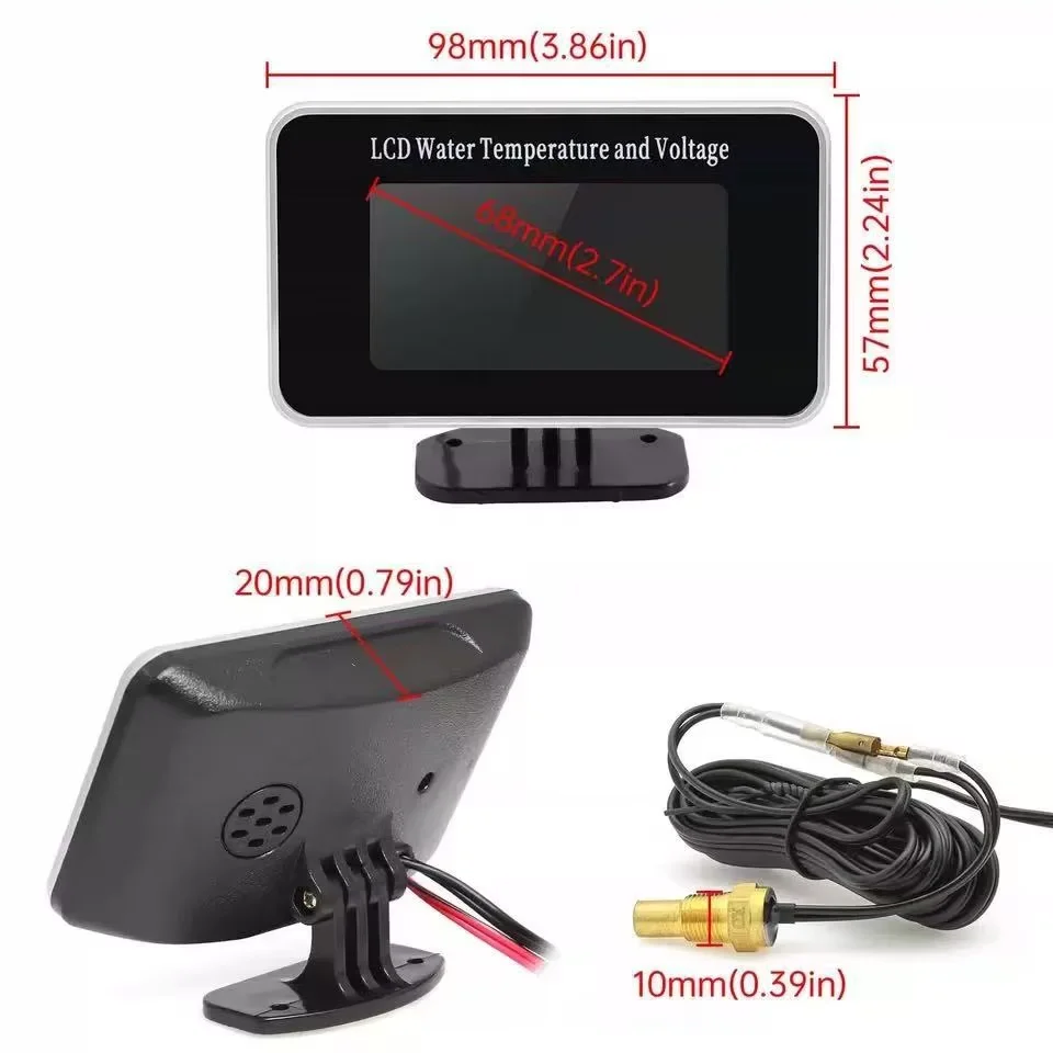 12V/24V 2 IN 1 Car Truck LCD Gauge Water Temperature Gauges +Voltmeter With 1/8 NPT Temp Sensor Water Temp Meter for Auto Cars