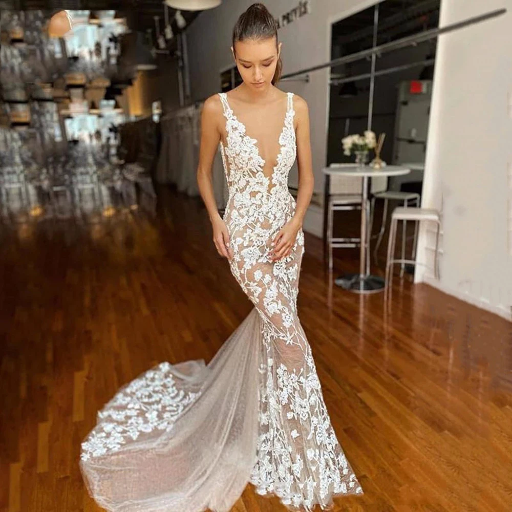 Vestidos de novia de sirena con flores bordadas para mujer, traje de novia elegante con cuello en V, Sexy, lujoso, 2023