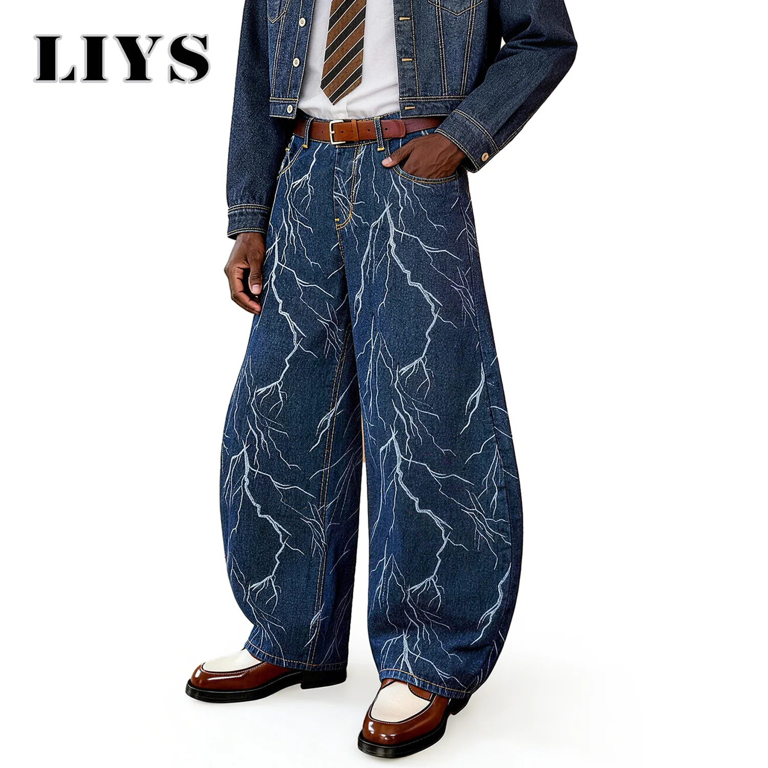 LIYS American Retro Blue Jacquard Baggy Machete Wide-Leg Jeans Daily High Street Couple Balloon Denim Pants Casual Lantern Pant