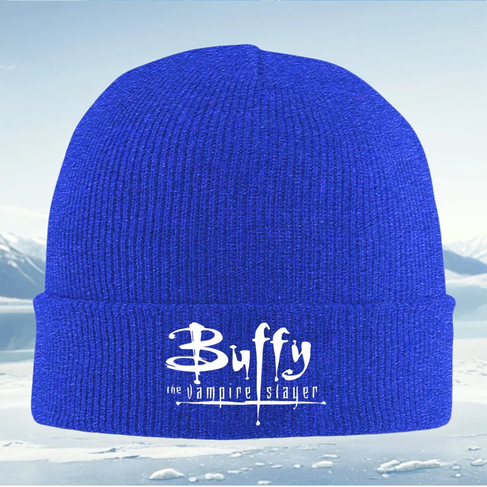 الأبيض بافي مصاص دماء القاتل شعار على الرجال السود النساء للجنسين محبوك قبعة قبعة صغيرة البلوز قبعة الشتاء الحرارية الدافئة عيد الميلاد في الهواء الطلق