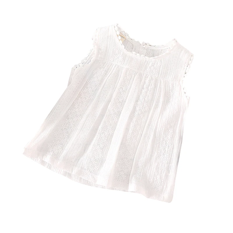 Summer New Sweet Girl Lace Lace Printed Sleeveless T-Shirt Solid Color Top Doll Shirt Round Neck Sleeveless T-Shirt