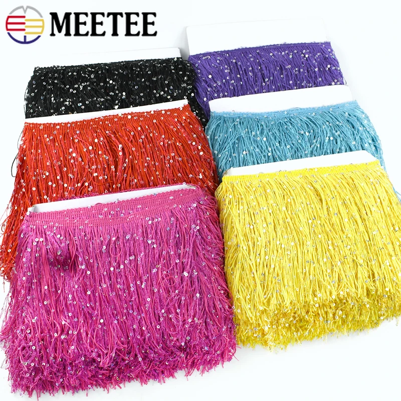 10Meters Meetee 20cm Colorful Sequin Tassel Fringe Ribbon Polyester Lace Trims Clothes HomeTextiles Decoration Sewing Accessory