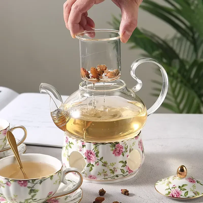 2024 New Design Glass Teapot Set with 6 Cups Loose Tea Infuser and Warmer Heat Resistant Borosilicate Kettle for Blooming Tea