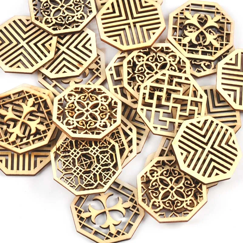 10Pcs/lot 4cm Mixed Hexagon Hollow Lace Wooden Crafts DIY Scrapbookings Ornaments Handmade Supplies Wood Slice Home Decor C3414