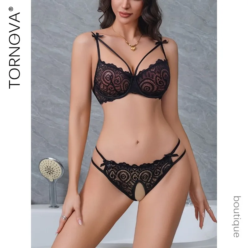 

Tornova Luminous Human-Shape Embroidery Lace Bra Set for Women Steel Ring Small Breasts Gathered Open-Stage Sexy Lingerie Suit